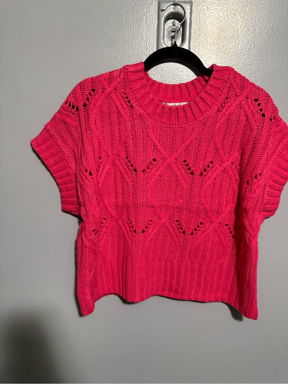 Zenana Hot Pink Open Knit Short Sleeve Sweater Top - Picture 2 of 5